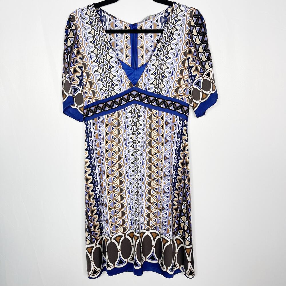 Elie Tahari Small Blue Purple Printed Silk Stretch Short Sleeve VNeck Dress Slip